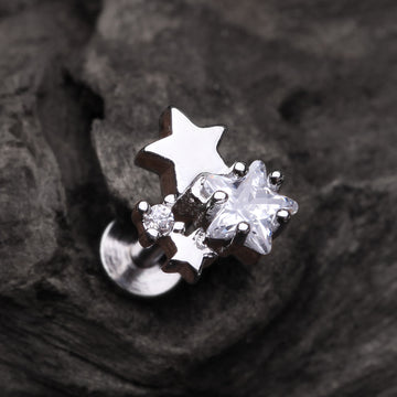 Detail View 1 of Sparkle Stars Top Internally Threaded Steel Labret-Clear Gem